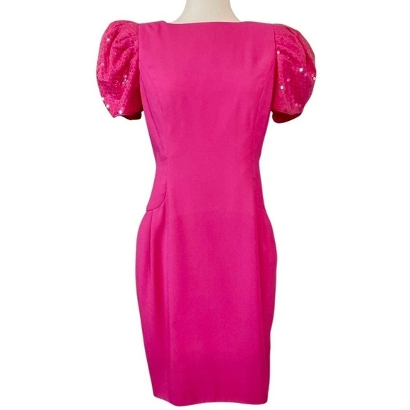 Vtg 80s Morton Myles Sequined Puff Sleeve Cocktail Dress Magenta Pink Size 12P - Picture 1 of 8